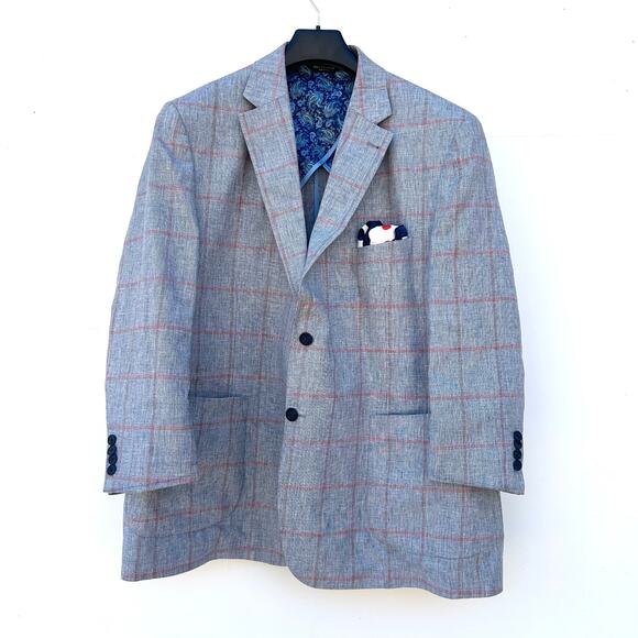 Paul Fredrick Linen Cotton Men’s Blazer Jacket Light Blue Windowpane 48R - Picture 2 of 9